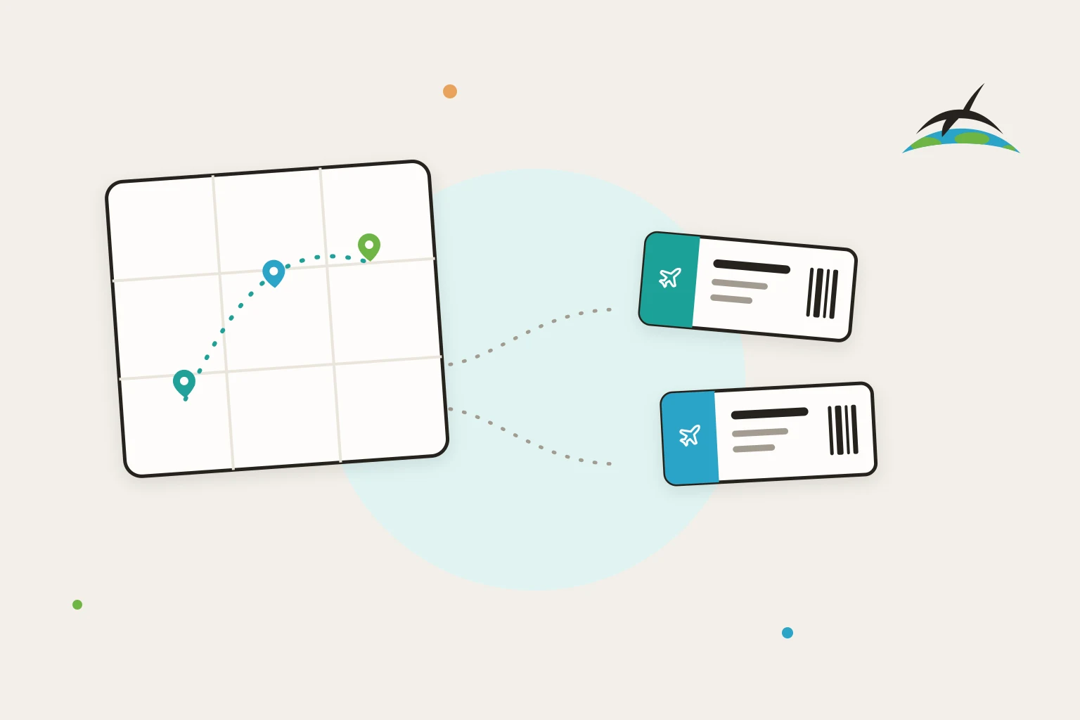 A map card with a pinned route beside a boarding pass card, with an itinerary card between them