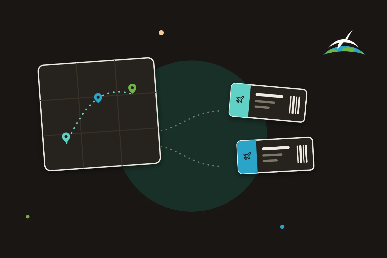 A map card with a pinned route beside a boarding pass card, with an itinerary card between them