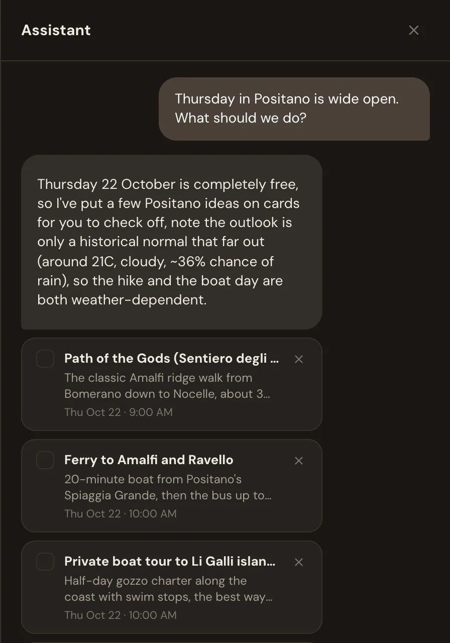 The Whimbrel assistant answering a question about a free day in Positano with checkable suggestions