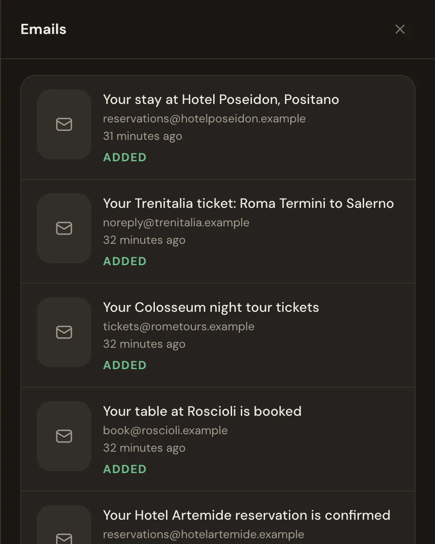 A trip's email list, with six forwarded confirmations all marked as added