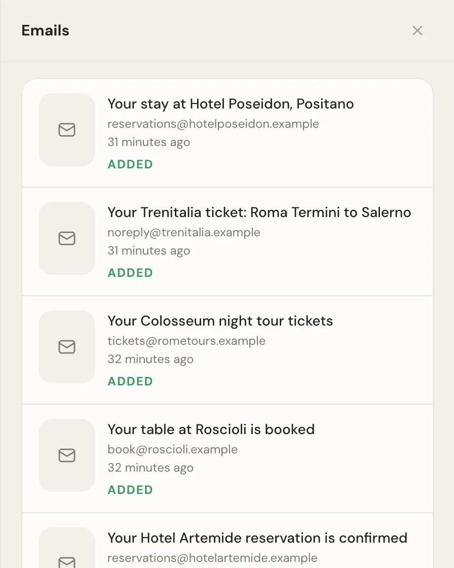 A trip's email list, with six forwarded confirmations all marked as added