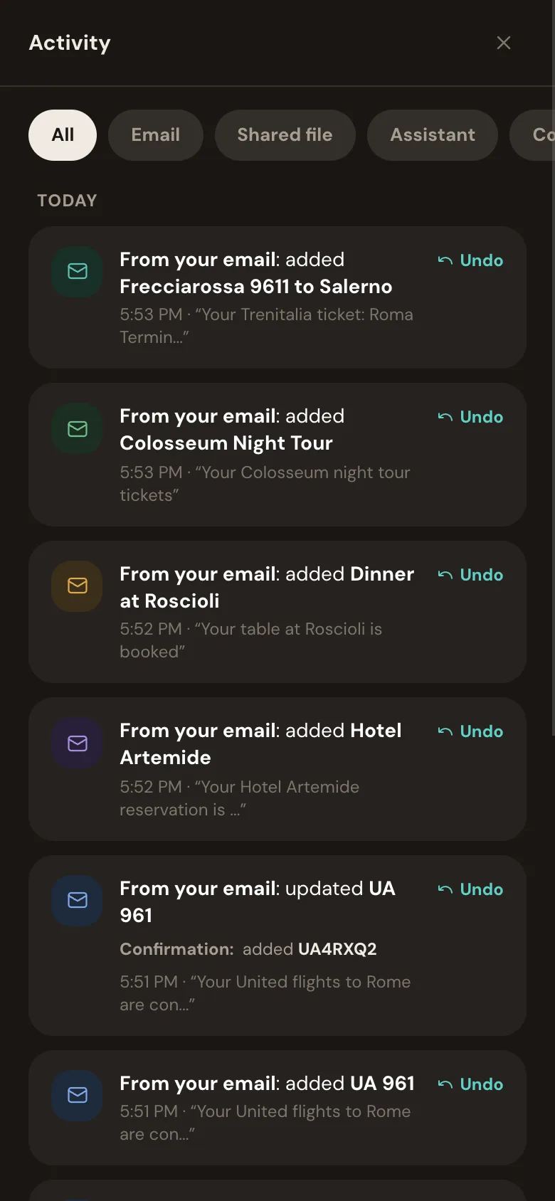 The trip's activity feed on a phone, listing each booking Whimbrel added