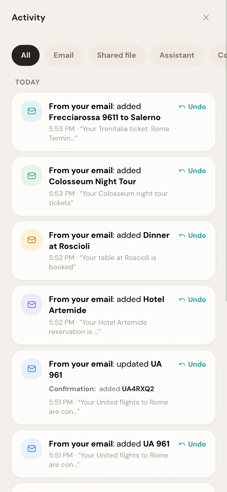 The trip's activity feed on a phone, listing each booking Whimbrel added