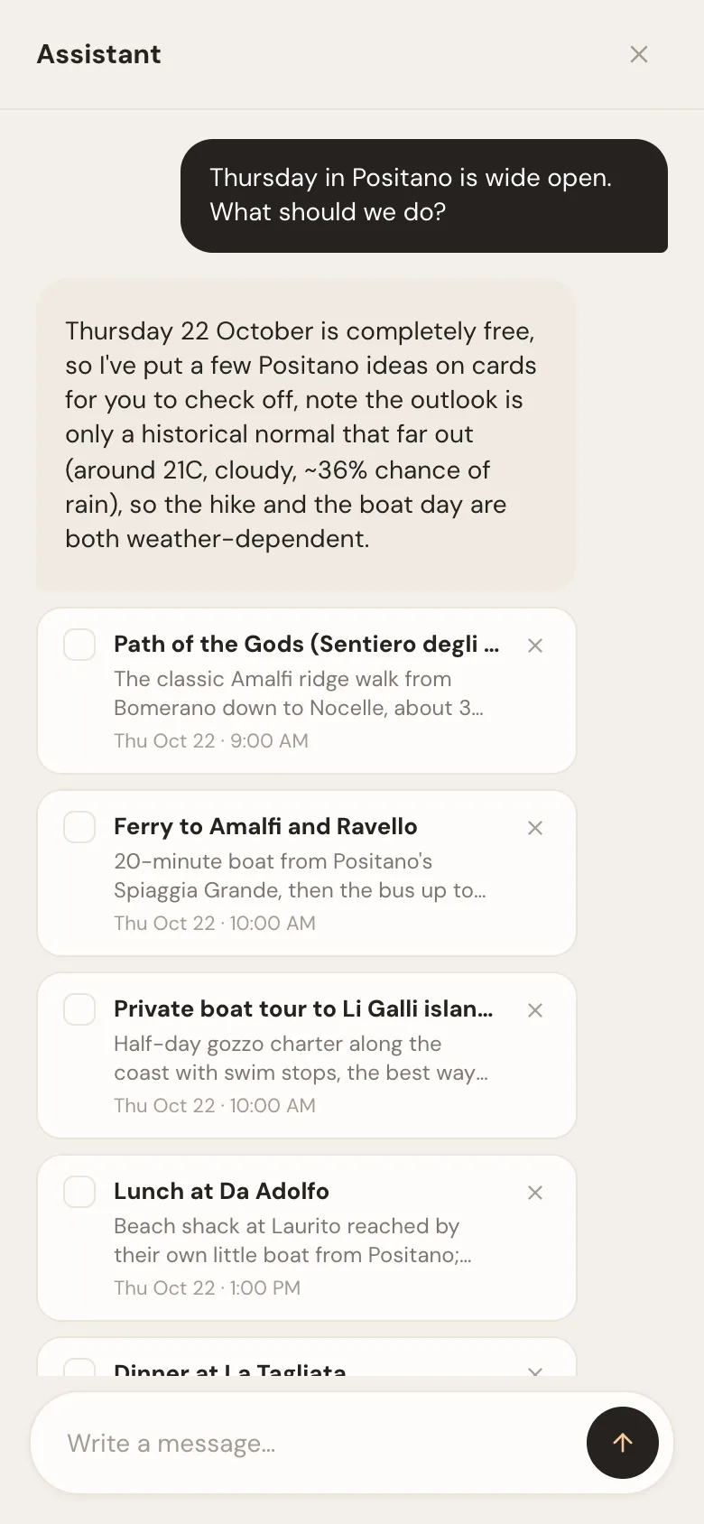 The Whimbrel assistant on a phone, suggesting things to do on a free day