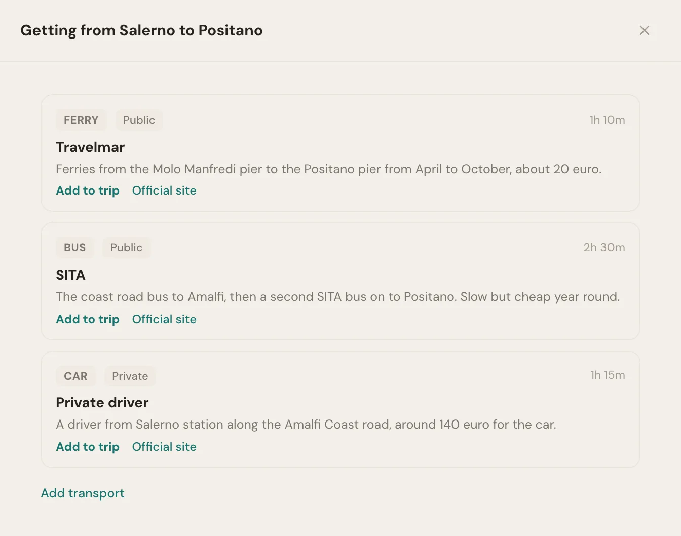 Ferry, bus, and private driver options for getting from Salerno to Positano